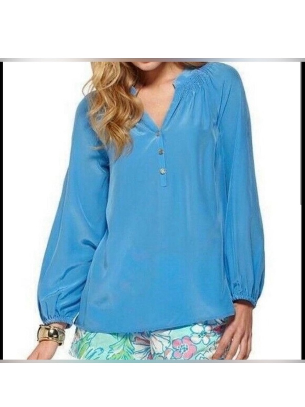 Lilly Pulitzer Elsa Long Sleeve Blue Silk Blouse. 100% silk